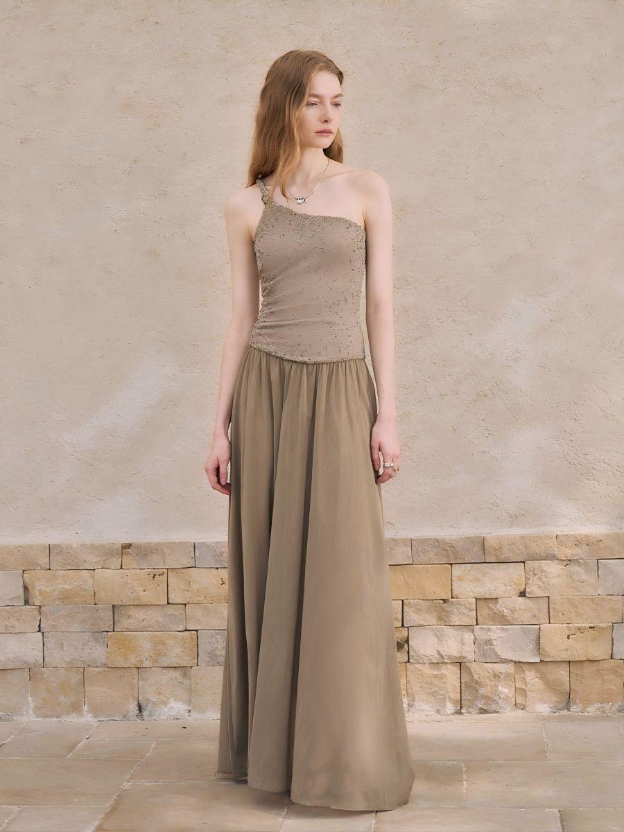Asymmetric Metallic One-Shoulder Maxi Dress