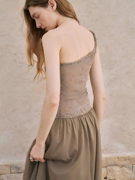 Asymmetric Metallic One-Shoulder Maxi Dress