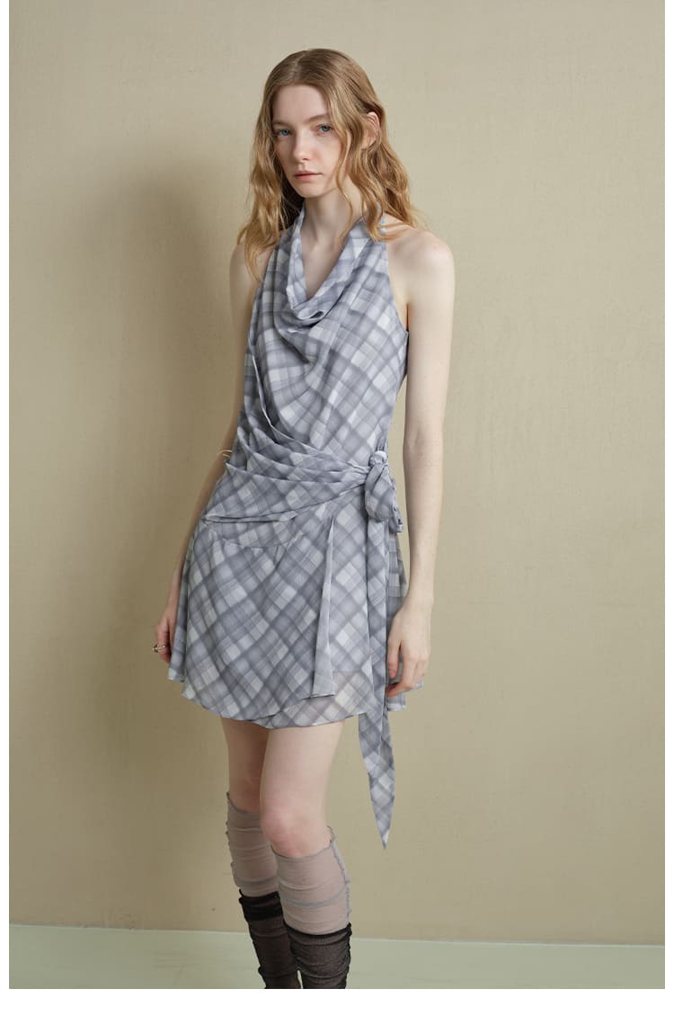 Drape-Neck Tie-Waist Plaid Dress