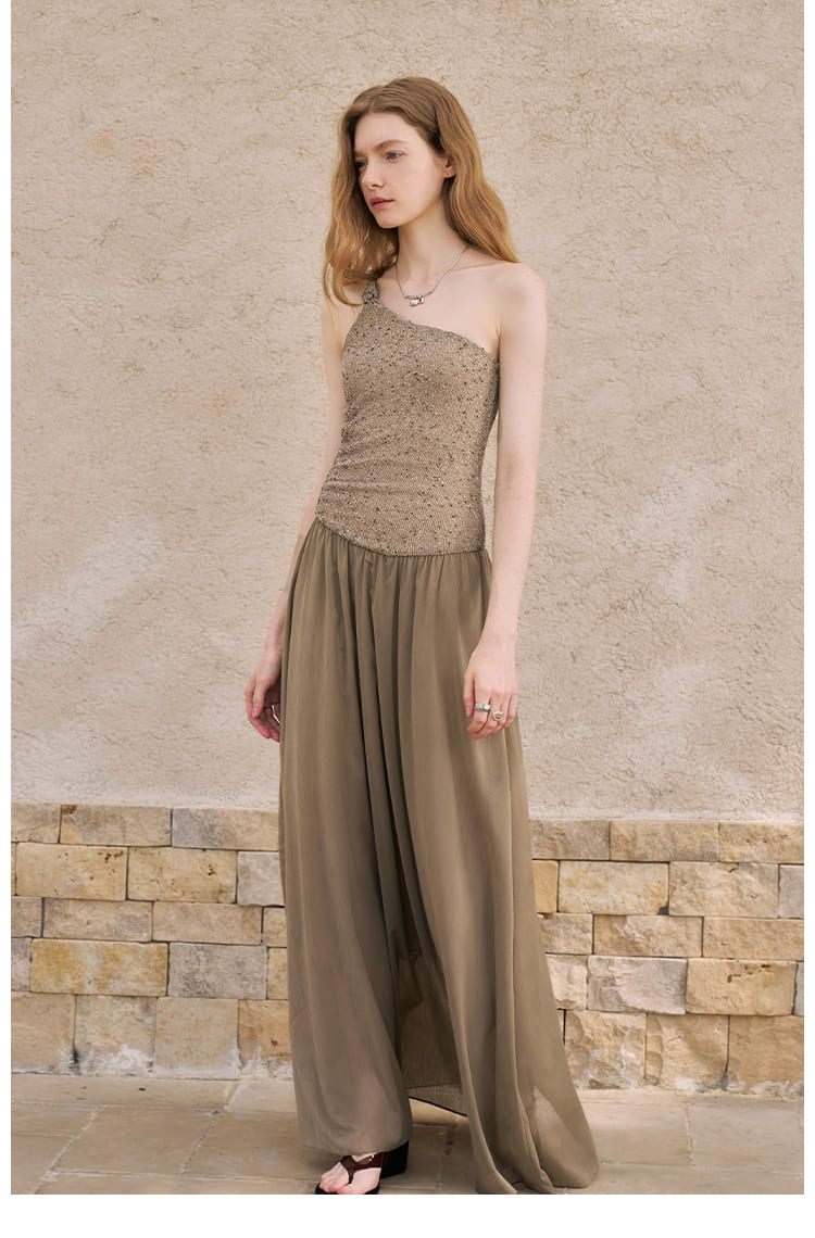 Asymmetric Metallic One-Shoulder Maxi Dress