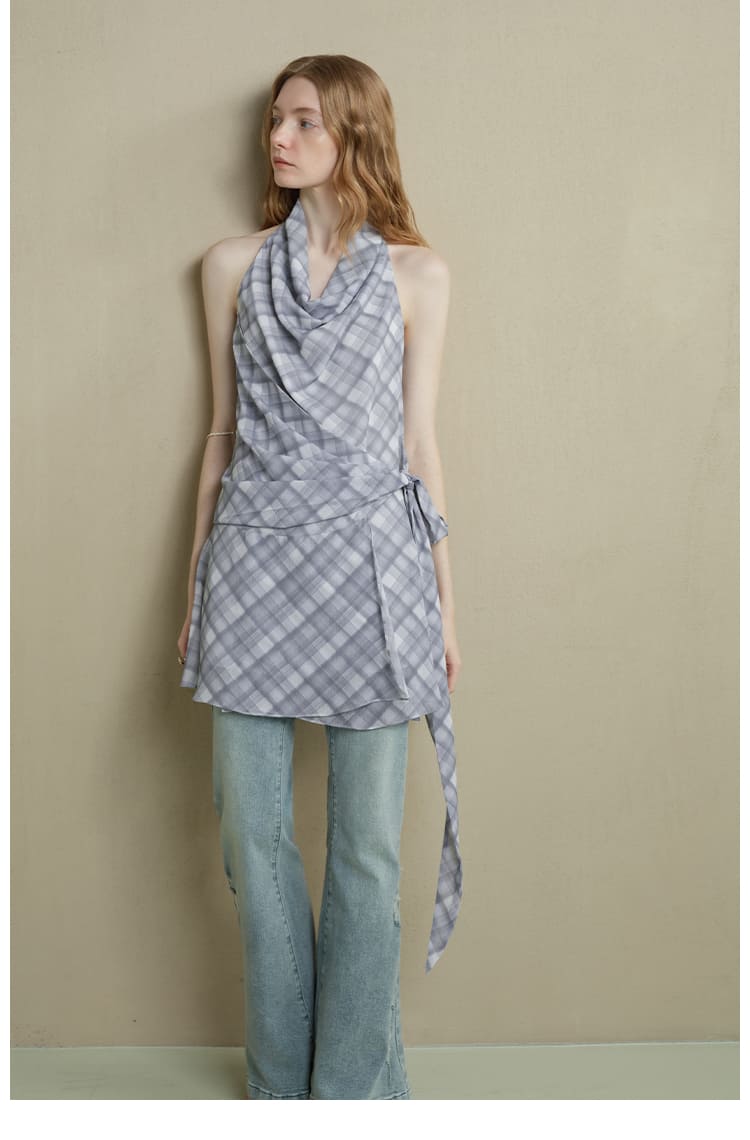Drape-Neck Tie-Waist Plaid Dress