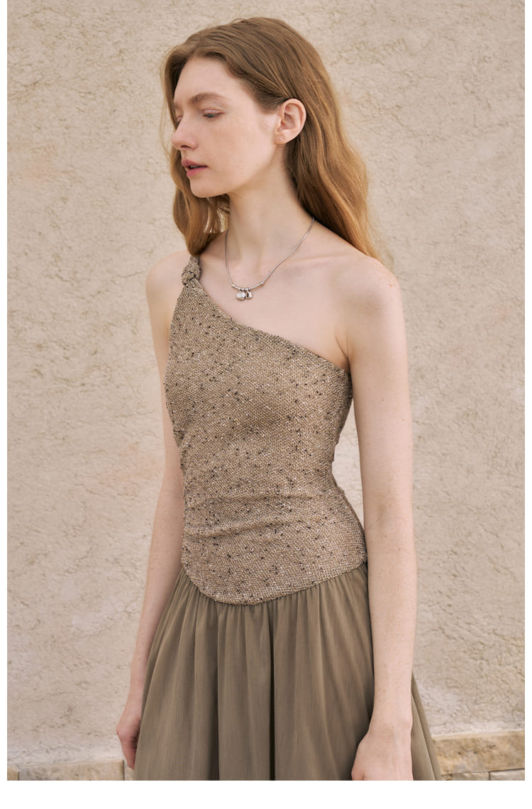 Asymmetric Metallic One-Shoulder Maxi Dress