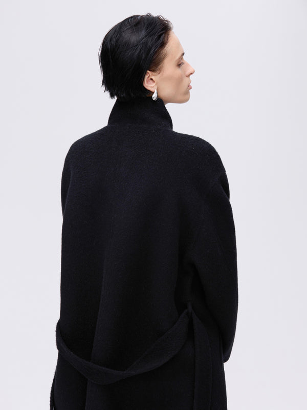 High-Neck Belted Wool Coat