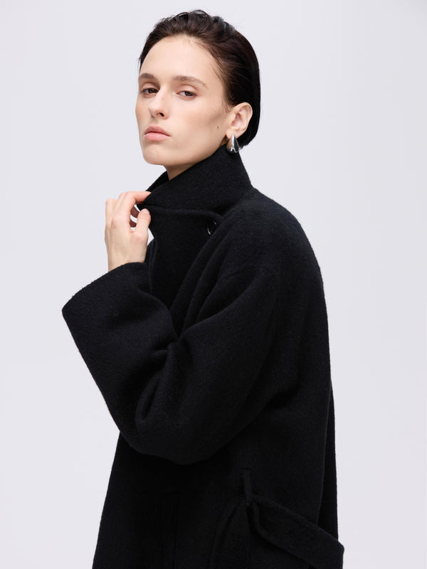 High-Neck Belted Wool Coat