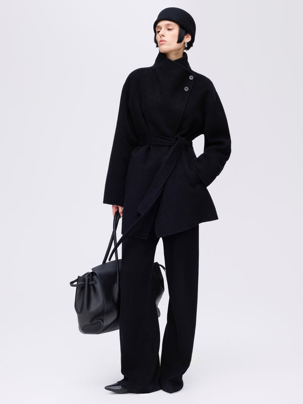 High-Neck Belted Wool Coat
