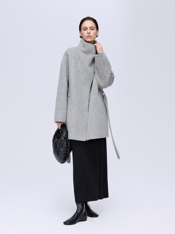 High-Neck Belted Wool Coat