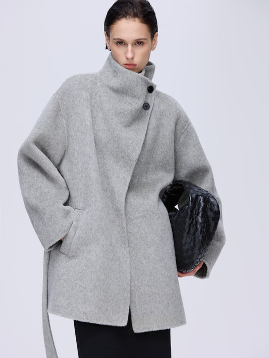 High-Neck Belted Wool Coat