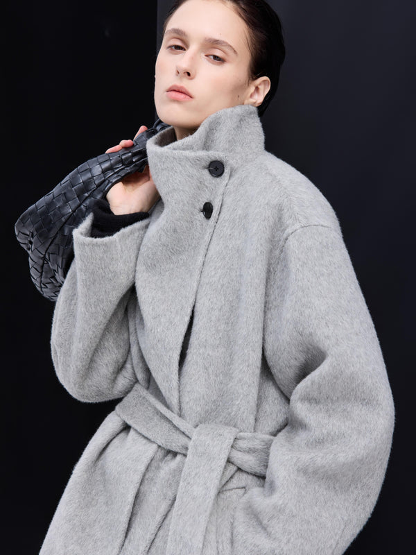 High-Neck Belted Wool Coat