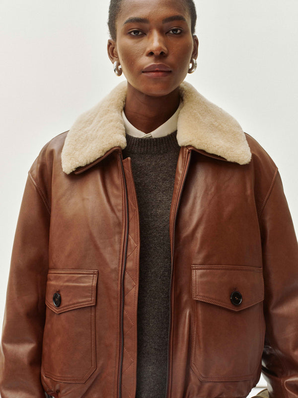 Giacca in pelle con collo in shearling