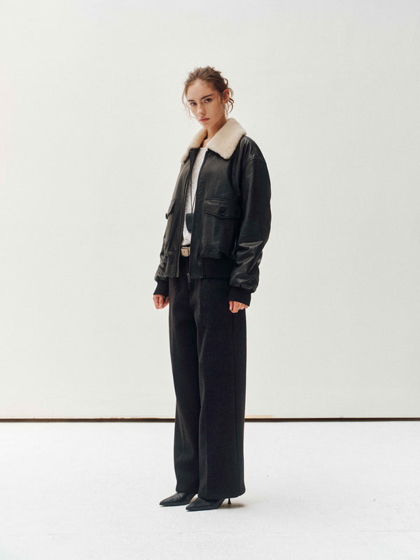 Giacca in pelle con collo in shearling