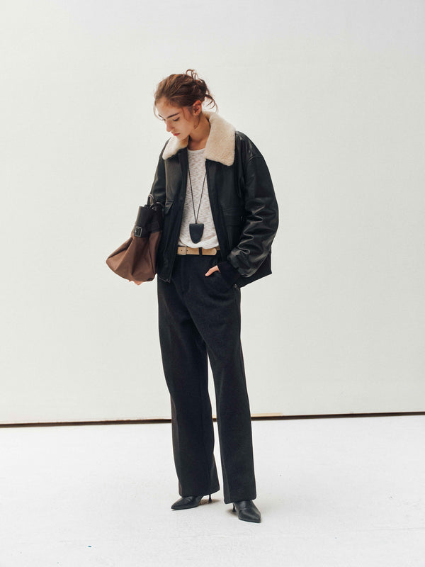 Giacca in pelle con collo in shearling