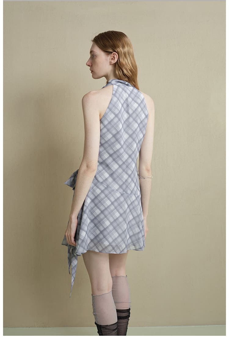 Drape-Neck Tie-Waist Plaid Dress