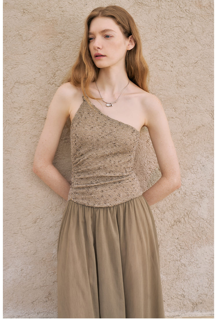 Asymmetric Metallic One-Shoulder Maxi Dress