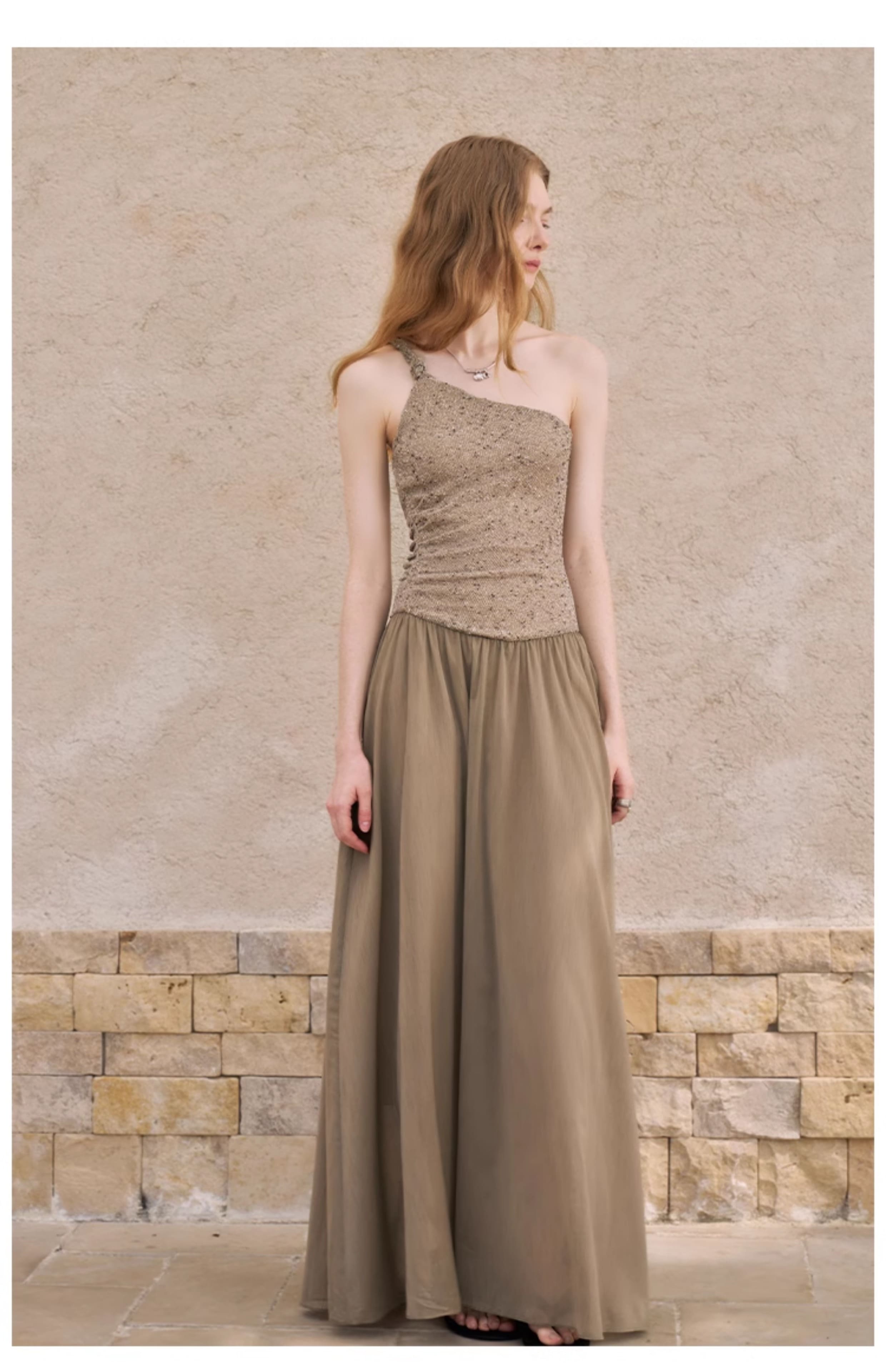 Asymmetric Metallic One-Shoulder Maxi Dress