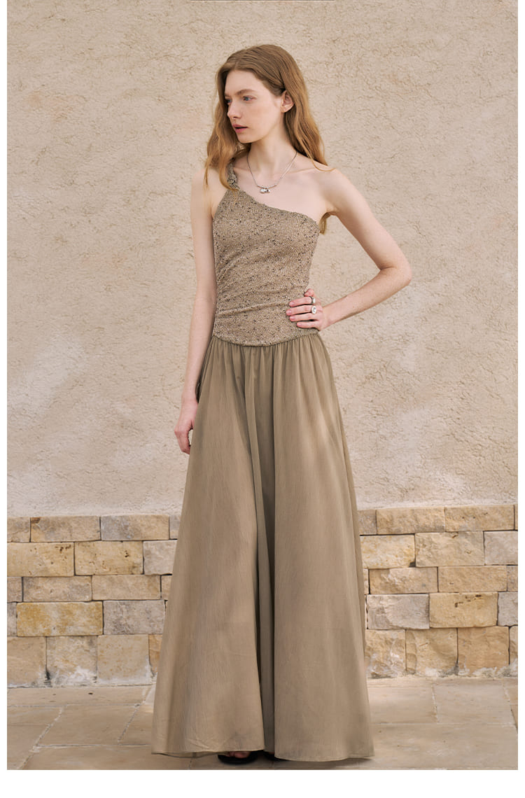 Asymmetric Metallic One-Shoulder Maxi Dress
