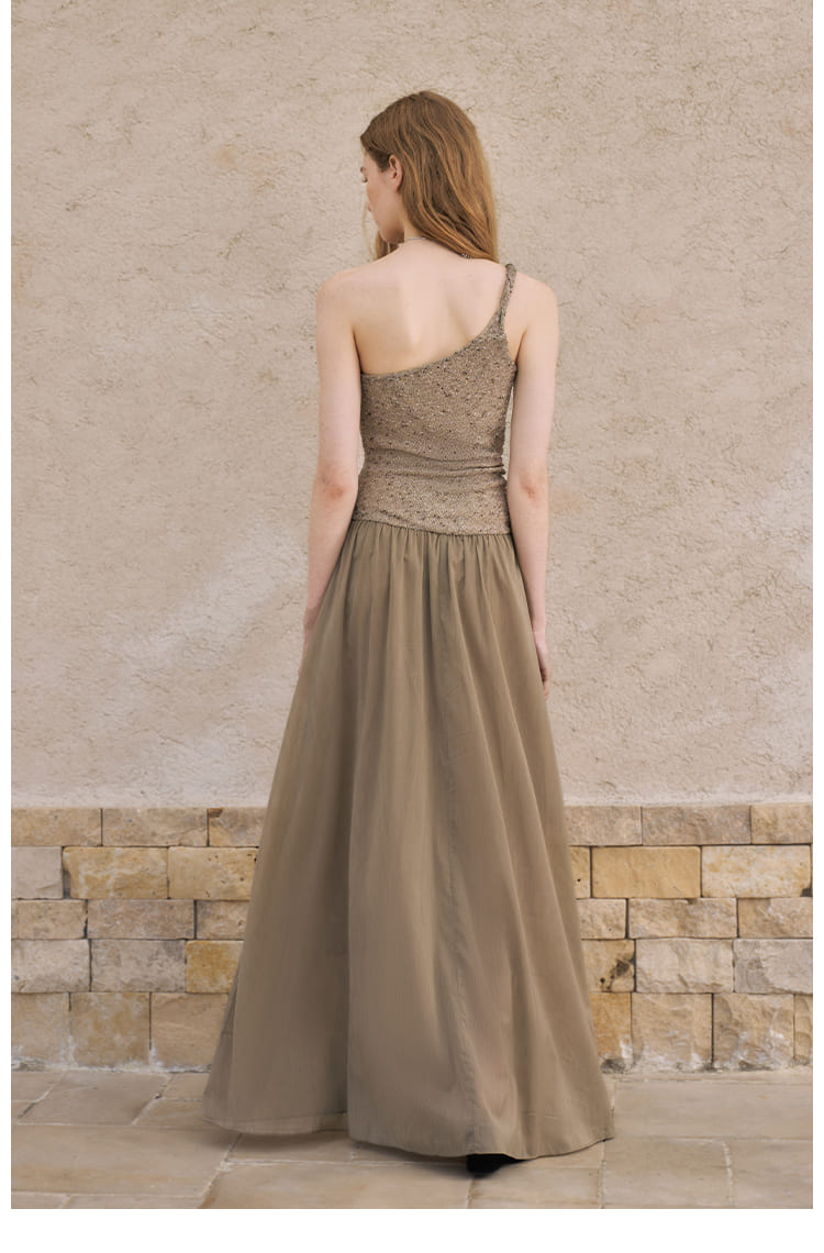 Asymmetric Metallic One-Shoulder Maxi Dress