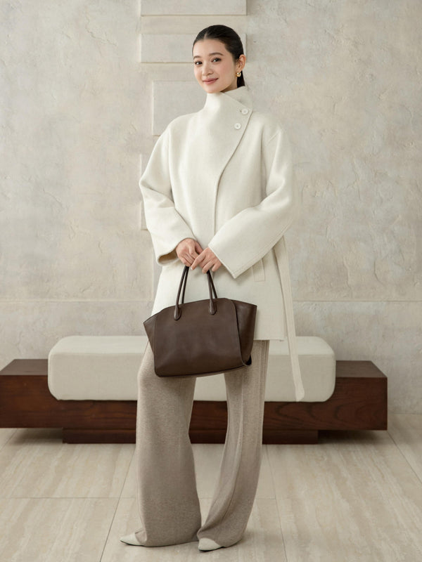 High-Neck Belted Wool Coat