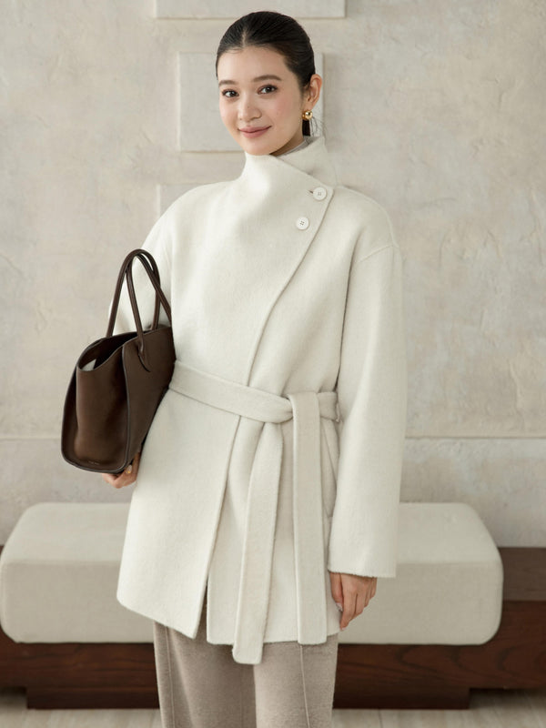 High-Neck Belted Wool Coat