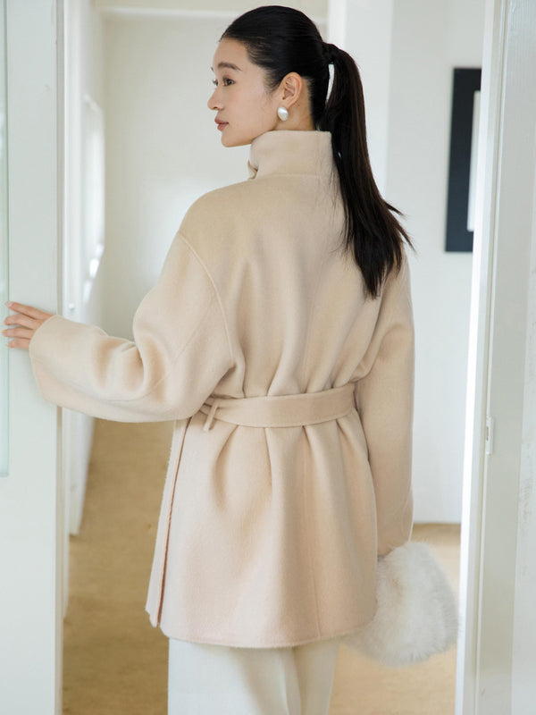High-Neck Belted Wool Coat