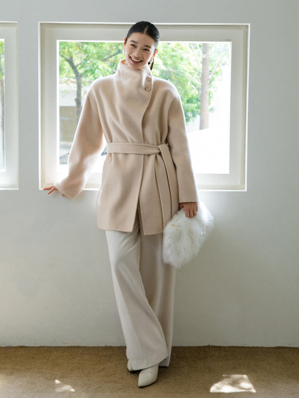 High-Neck Belted Wool Coat