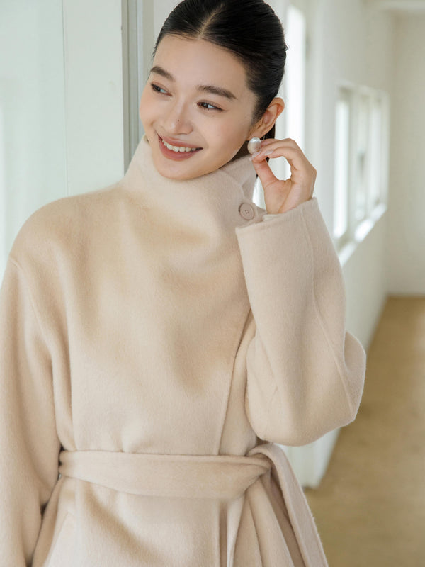 High-Neck Belted Wool Coat