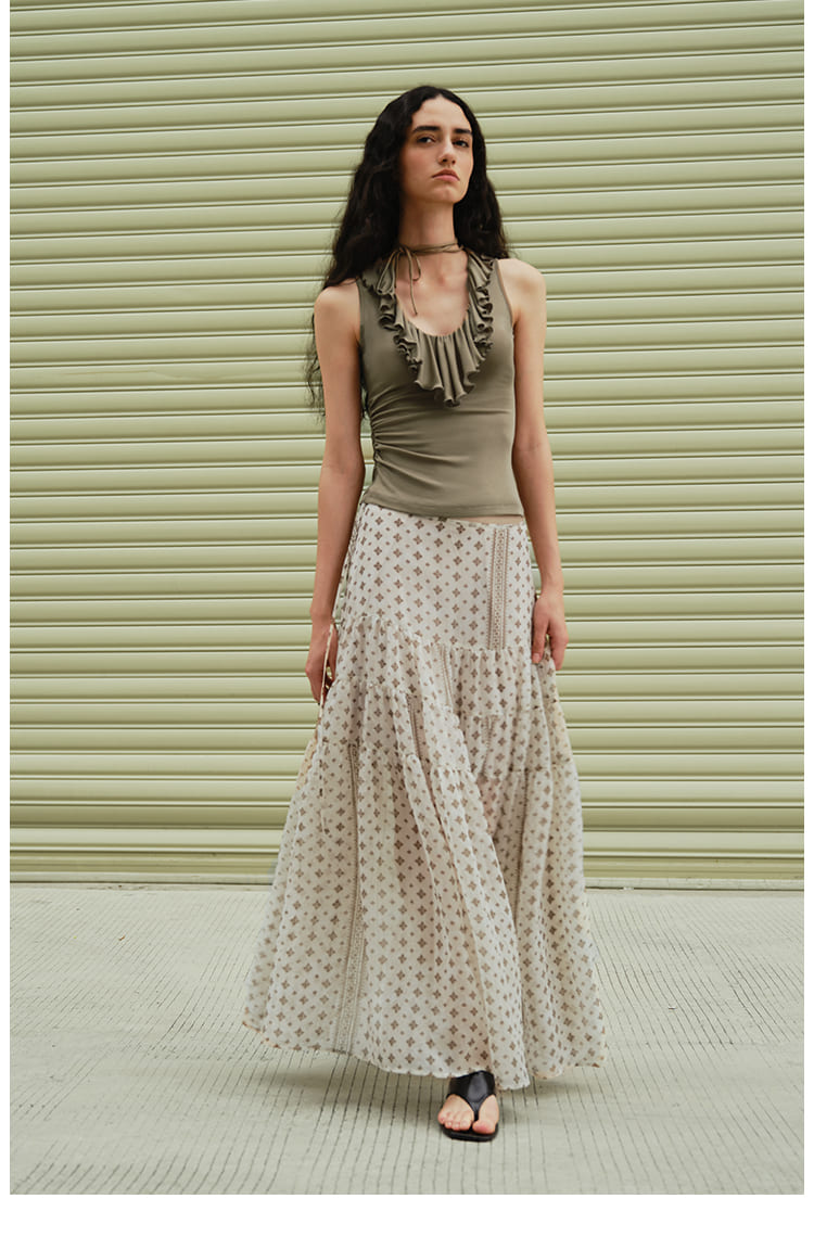 Vintage Floral Tiered Chiffon Midi Skirt