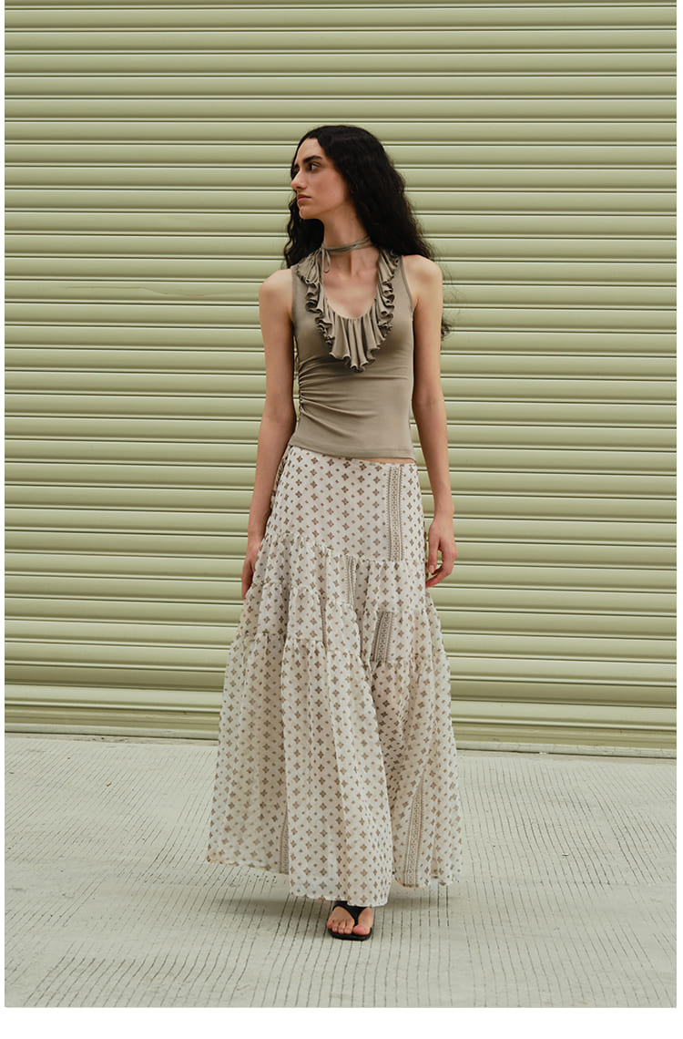 Vintage Floral Tiered Chiffon Midi Skirt
