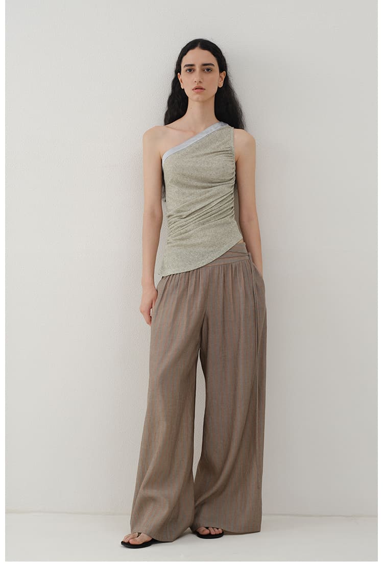 Striped Wide-Leg Pleated Pants
