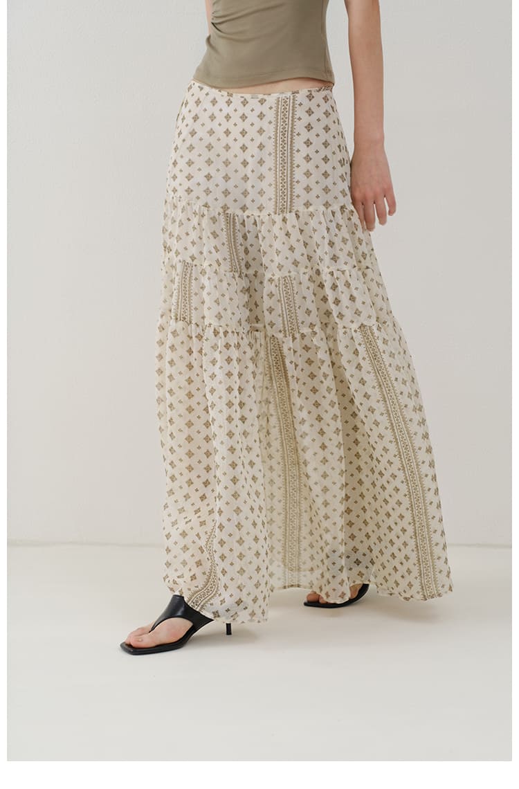 Vintage Floral Tiered Chiffon Midi Skirt