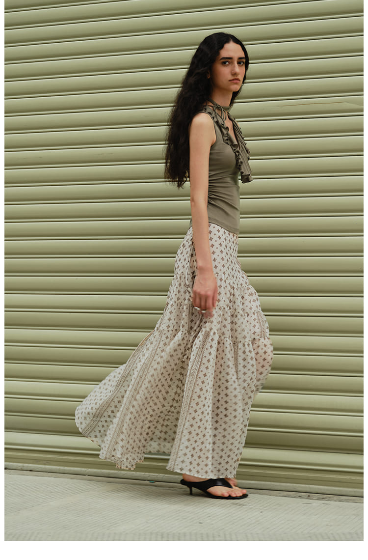 Vintage Floral Tiered Chiffon Midi Skirt