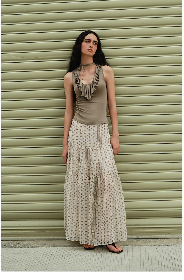Vintage Floral Tiered Chiffon Midi Skirt