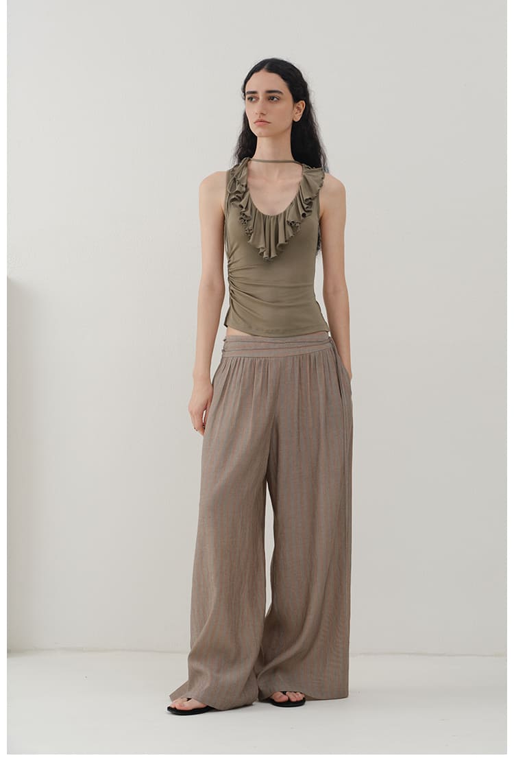 Striped Wide-Leg Pleated Pants