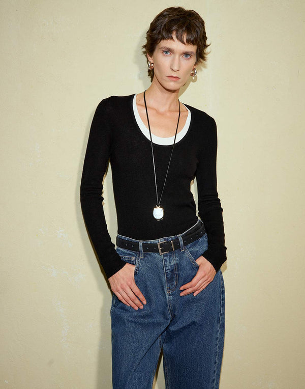 Sophisticated Contrast U-Neck Sweater