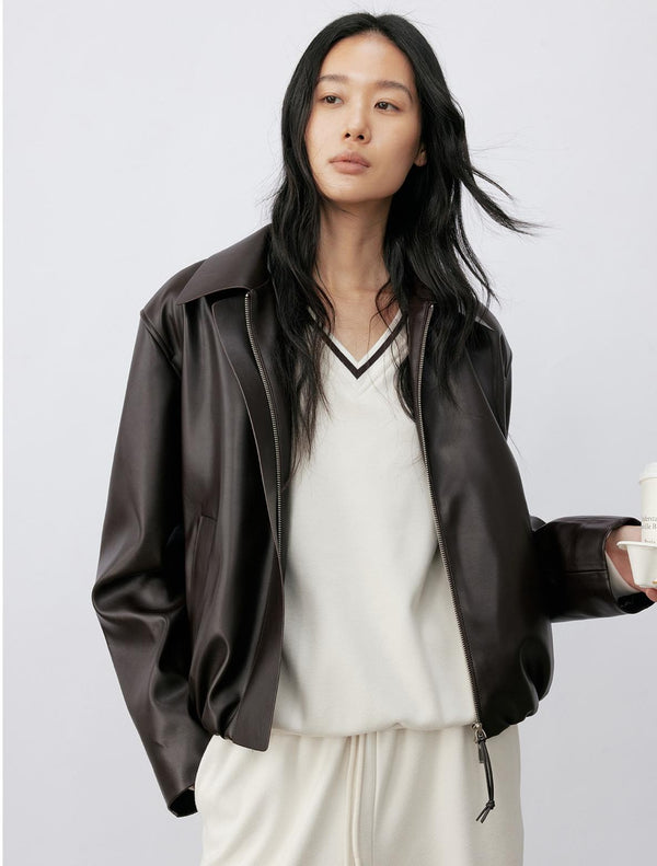 Satin-Sheen Faux Leather Jacket