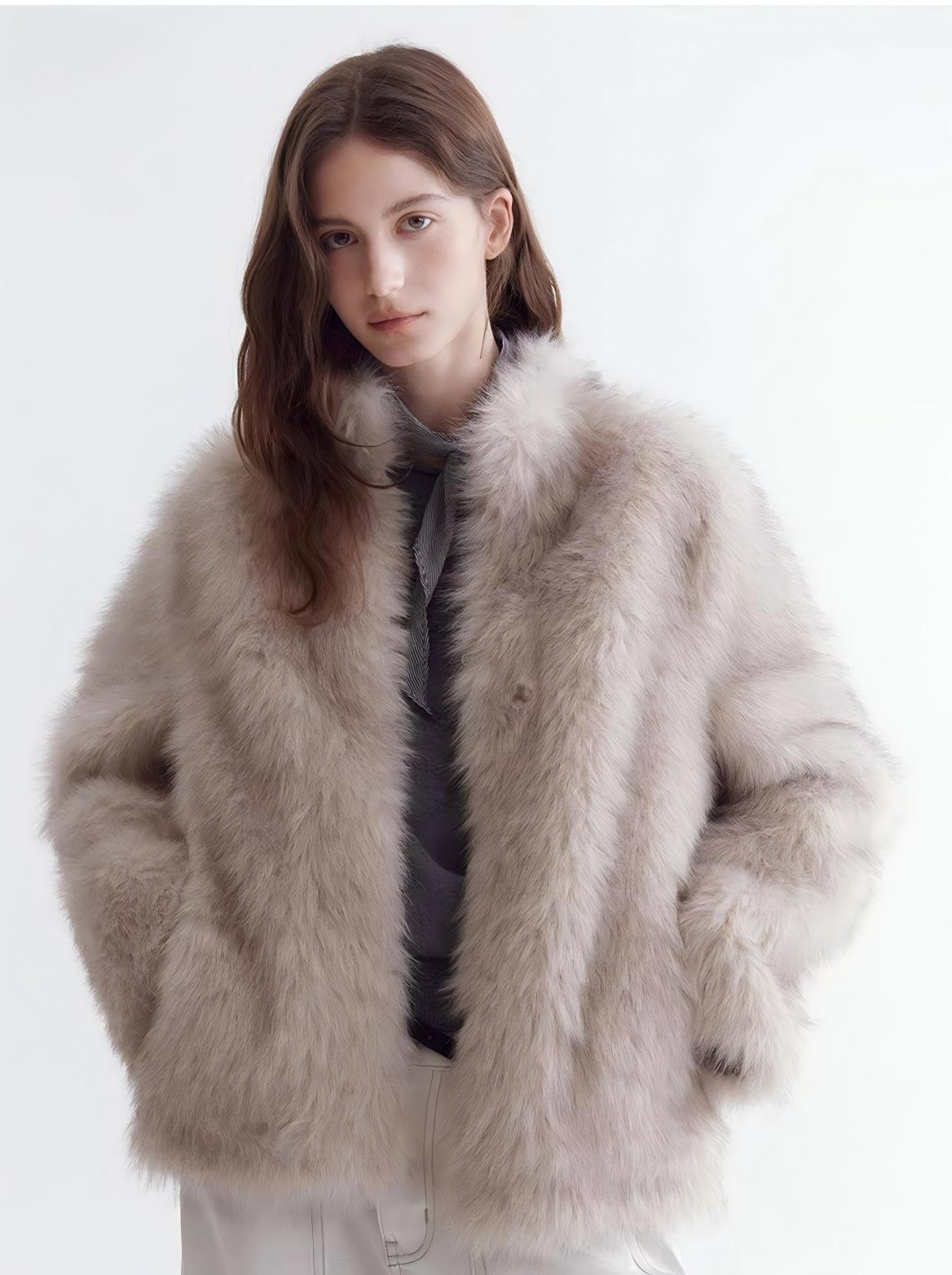 Eco-Fur Stand-Collar Short Jacket