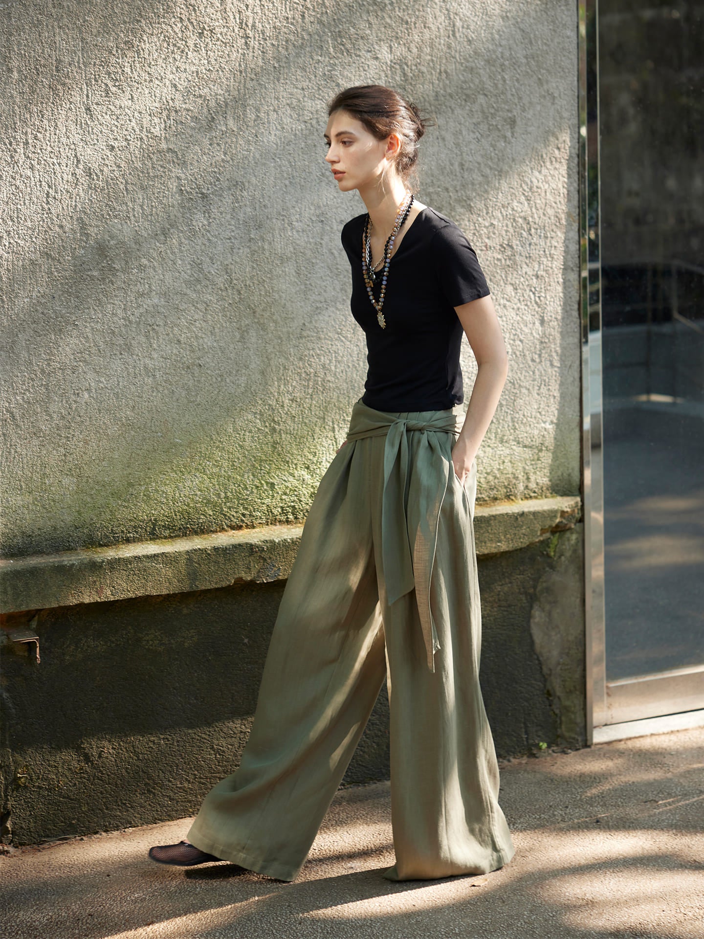 Tencel Linen Draped Wide-Leg Pants
