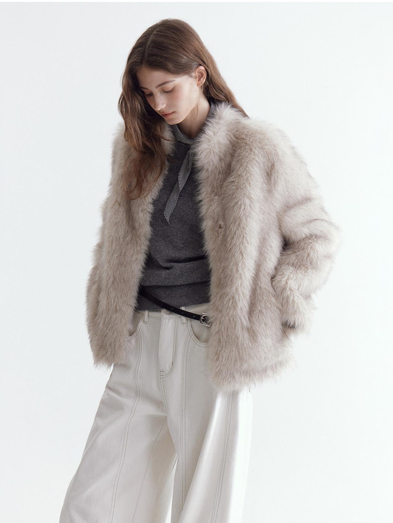 Eco-Fur Stand-Collar Short Jacket