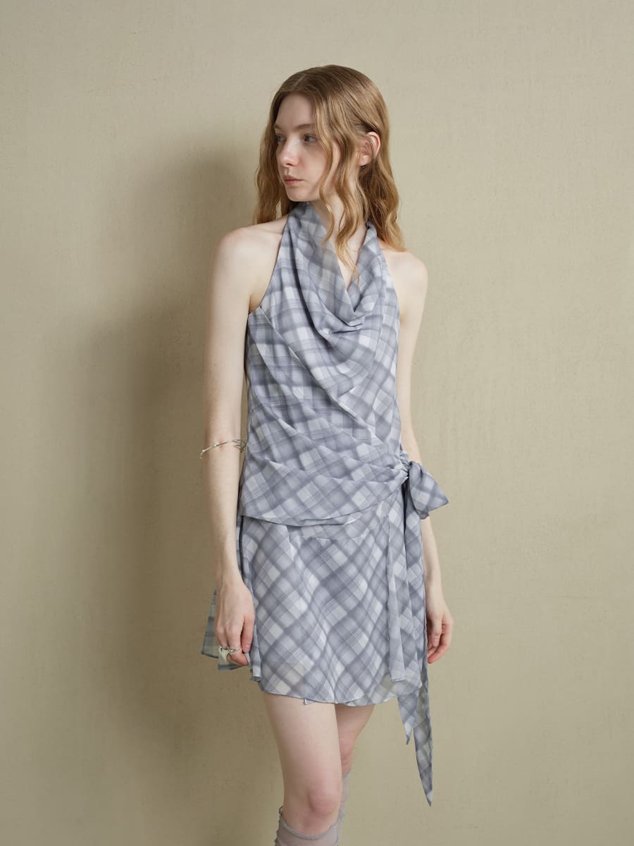 Drape-Neck Tie-Waist Plaid Dress