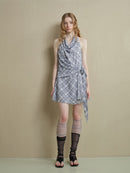 Drape-Neck Tie-Waist Plaid Dress