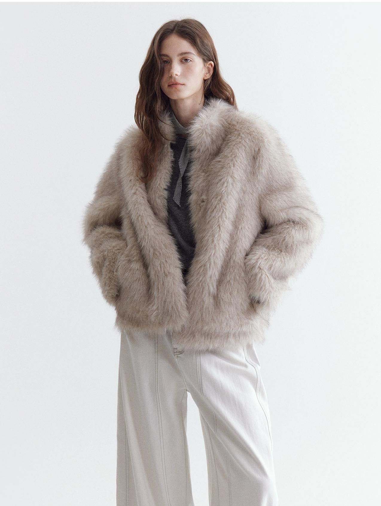 Eco-Fur Stand-Collar Short Jacket