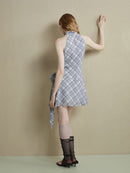 Drape-Neck Tie-Waist Plaid Dress