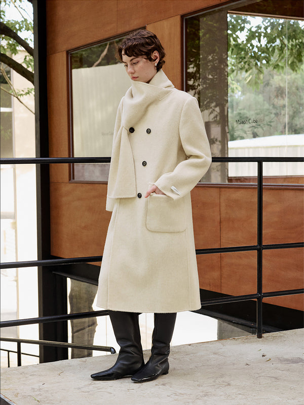 Scarf-Collar Double-Face Wool Coat