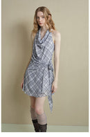 Drape-Neck Tie-Waist Plaid Dress