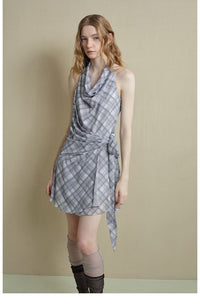 Drape-Neck Tie-Waist Plaid Dress