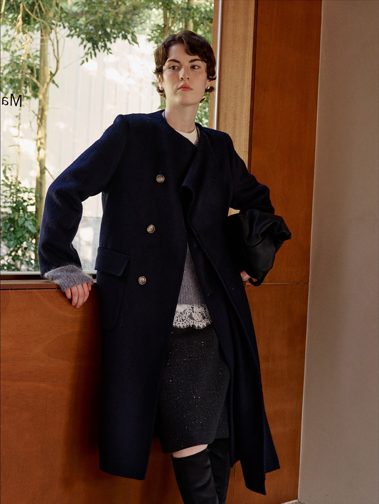 Scarf-Collar Double-Face Wool Coat