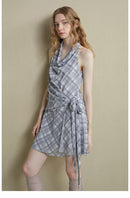 Drape-Neck Tie-Waist Plaid Dress