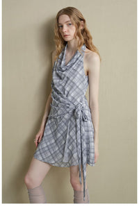 Drape-Neck Tie-Waist Plaid Dress