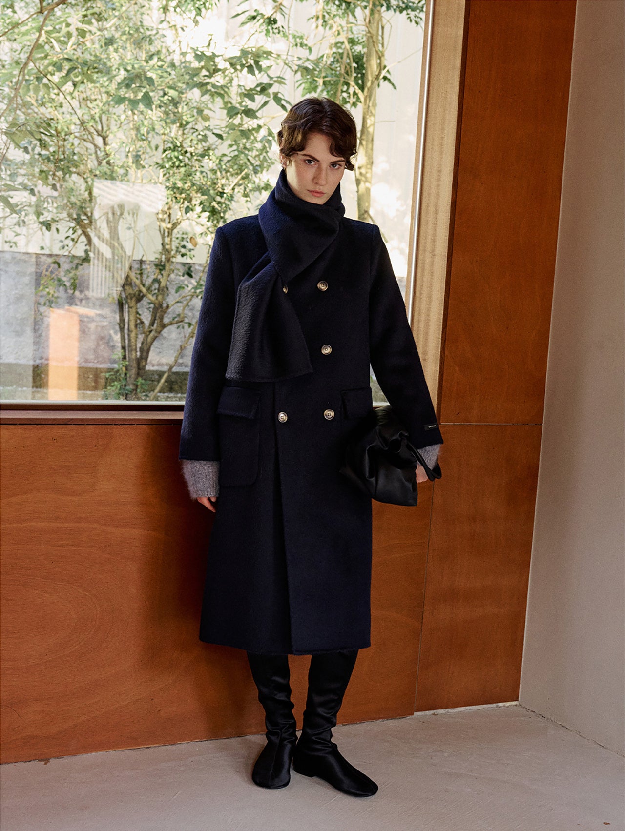 Scarf-Collar Double-Face Wool Coat