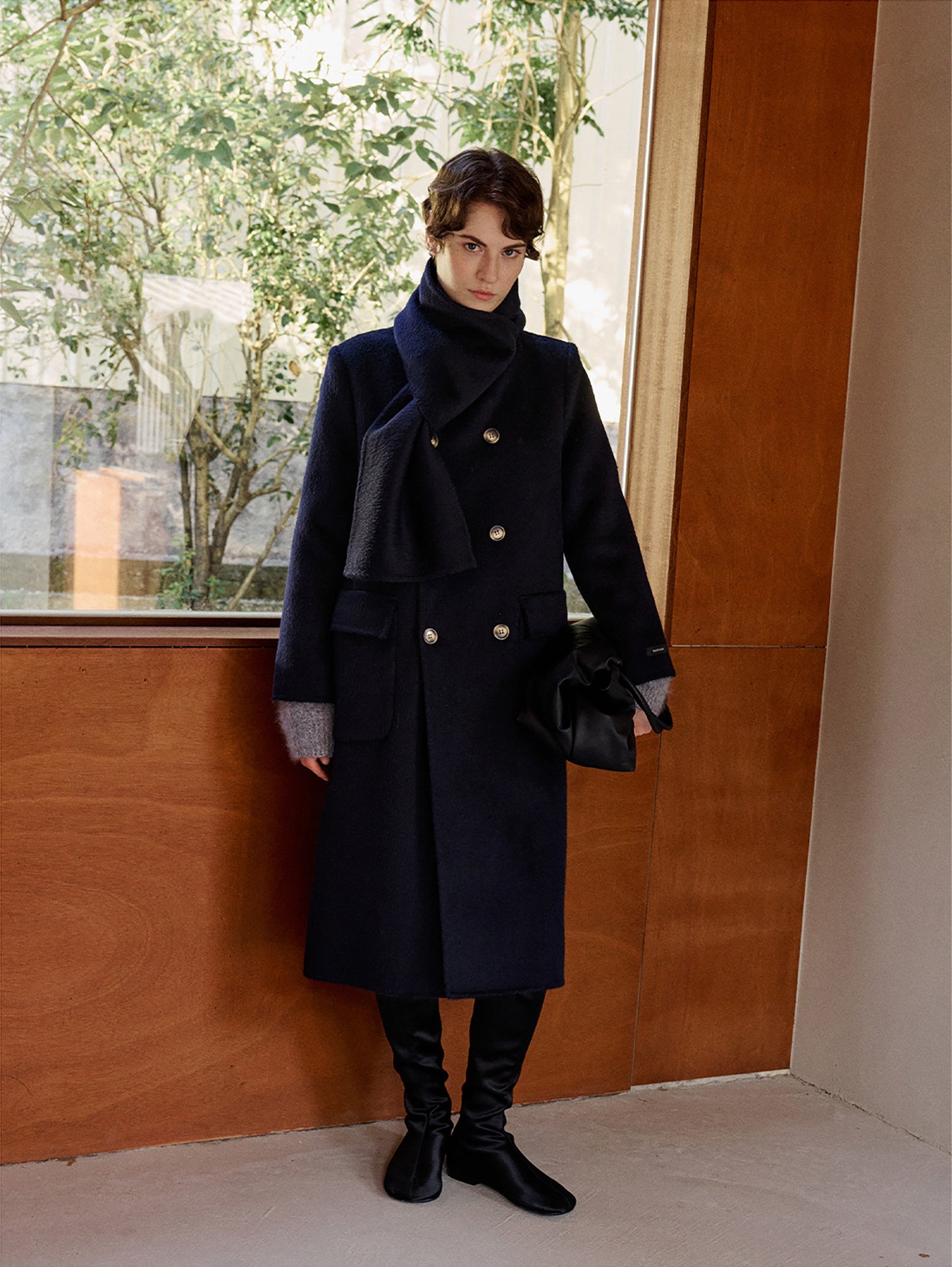 Scarf-Collar Double-Face Wool Coat