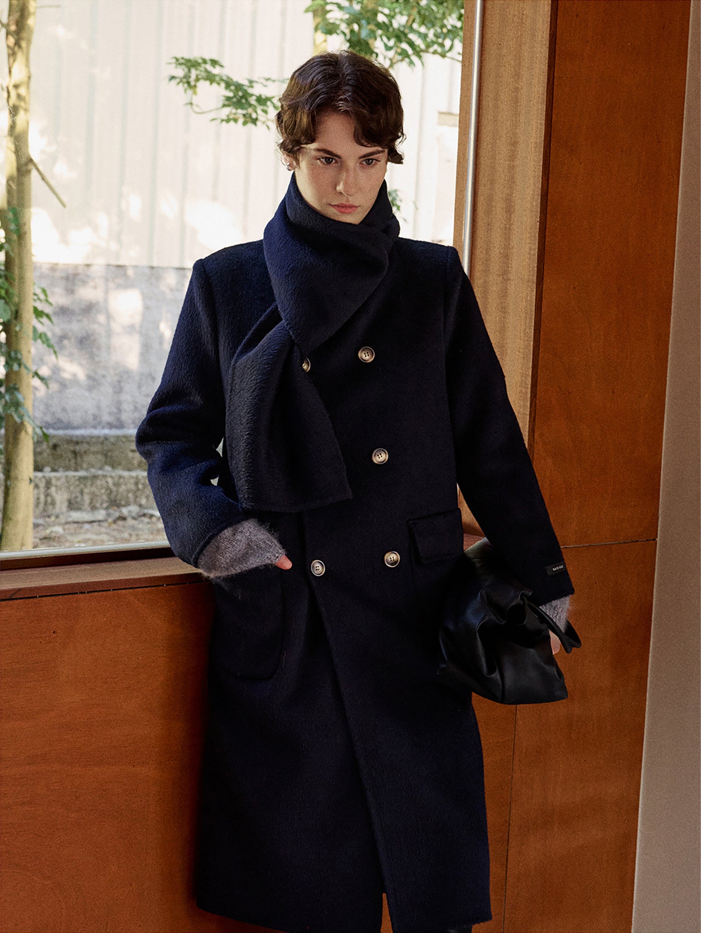 Scarf-Collar Double-Face Wool Coat